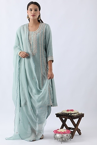 Ice Blue Bemberg Silk Dori & Thread Embroidered A-Line Kurta Set by Nemaani