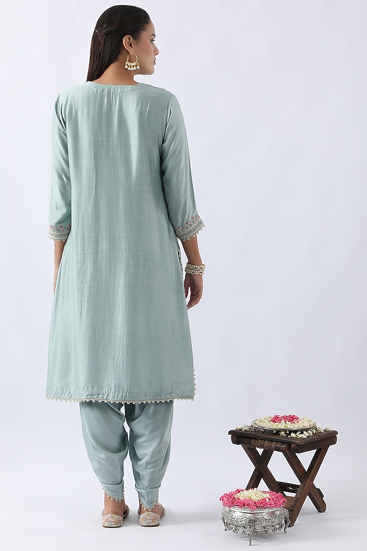 Ice Blue Bemberg Silk Dori & Thread Embroidered A-Line Kurta Set by Nemaani at Pernia's Pop Up Shop