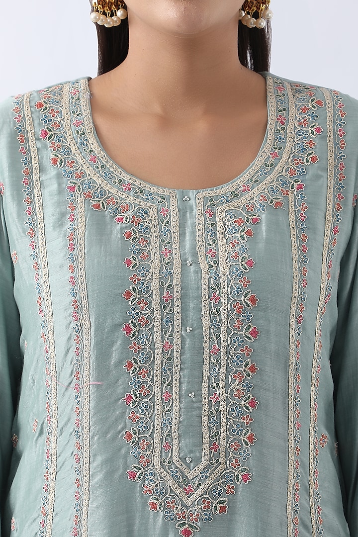 Ice Blue Bemberg Silk Dori & Thread Embroidered A-Line Kurta Set by Nemaani at Pernia's Pop Up Shop