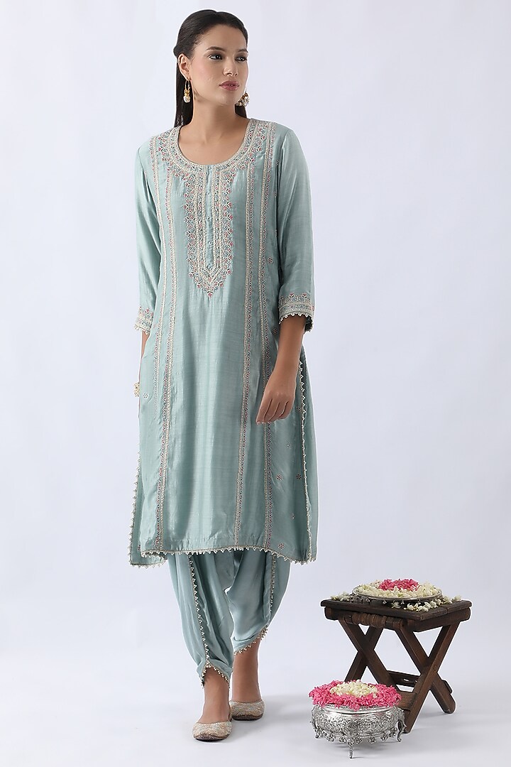 Ice Blue Bemberg Silk Dori & Thread Embroidered A-Line Kurta Set by Nemaani at Pernia's Pop Up Shop