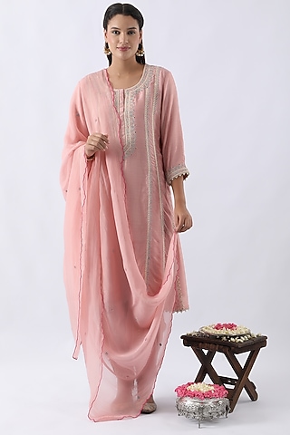 Blush Pink Bemberg Silk Dori & Thread Embroidered A-Line Kurta Set by Nemaani