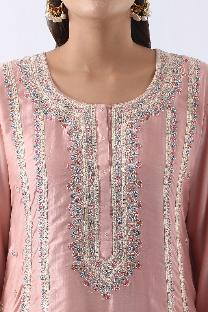 Blush Pink Bemberg Silk Dori & Thread Embroidered A-Line Kurta Set by Nemaani at Pernia's Pop Up Shop