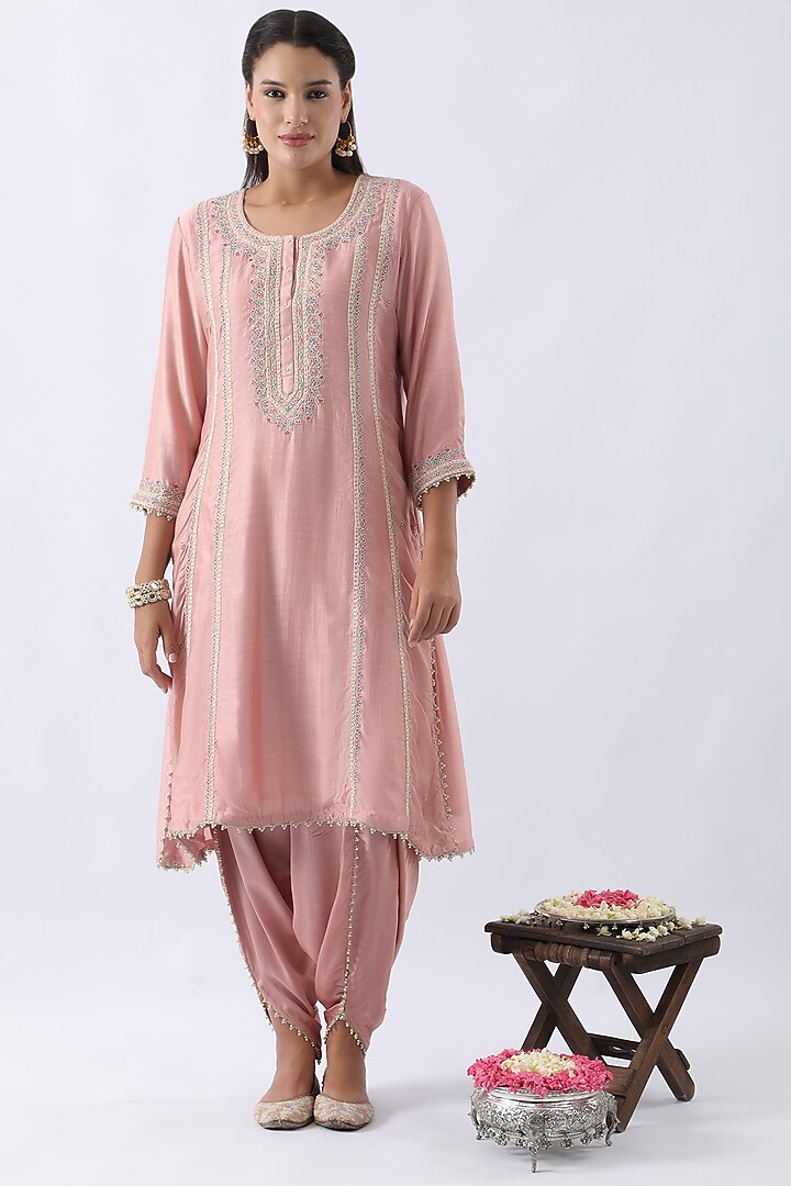 Blush Pink Bemberg Silk Dori & Thread Embroidered A-Line Kurta Set by Nemaani at Pernia's Pop Up Shop