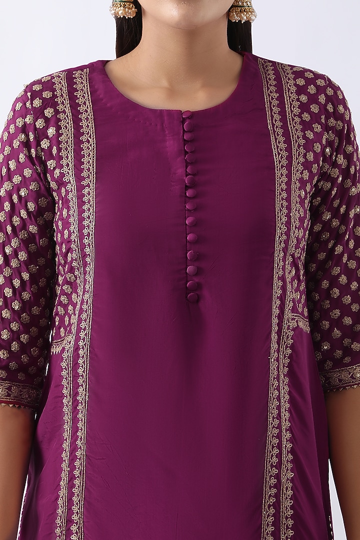 Magenta Pink Habutai Silk Cutdana & Sequins Embroidered Kurta Set by Nemaani at Pernia's Pop Up Shop