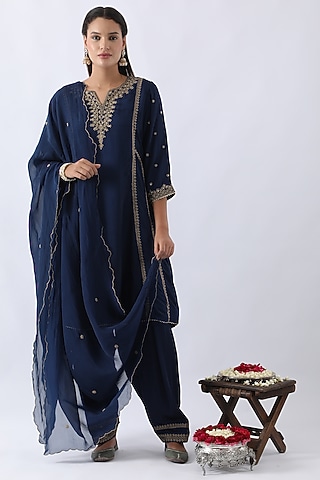Midnight Blue Habutai Silk Cutdana & Sequins Embroidered A-Line Kurta Set by Nemaani