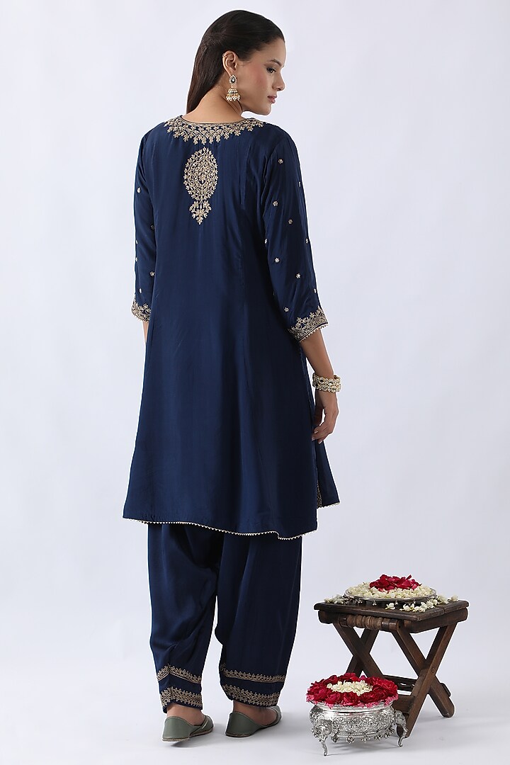 Midnight Blue Habutai Silk Cutdana & Sequins Embroidered A-Line Kurta Set by Nemaani at Pernia's Pop Up Shop