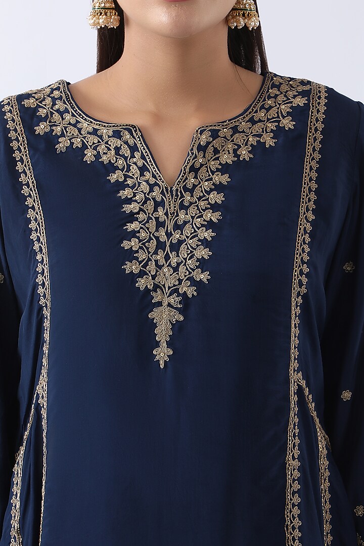 Midnight Blue Habutai Silk Cutdana & Sequins Embroidered A-Line Kurta Set by Nemaani at Pernia's Pop Up Shop