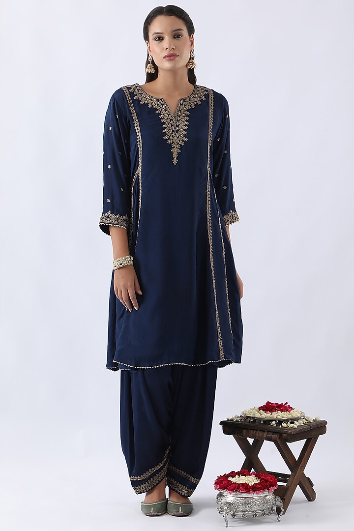 Midnight Blue Habutai Silk Cutdana & Sequins Embroidered A-Line Kurta Set by Nemaani at Pernia's Pop Up Shop