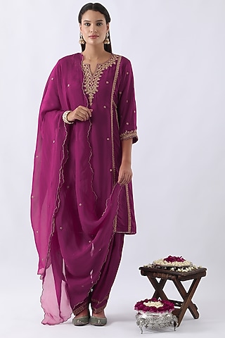 Magenta Pink Habutai Silk Cutdana & Sequins Embroidered A-Line Kurta Set by Nemaani