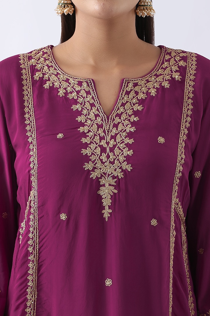 Magenta Pink Habutai Silk Cutdana & Sequins Embroidered A-Line Kurta Set by Nemaani at Pernia's Pop Up Shop