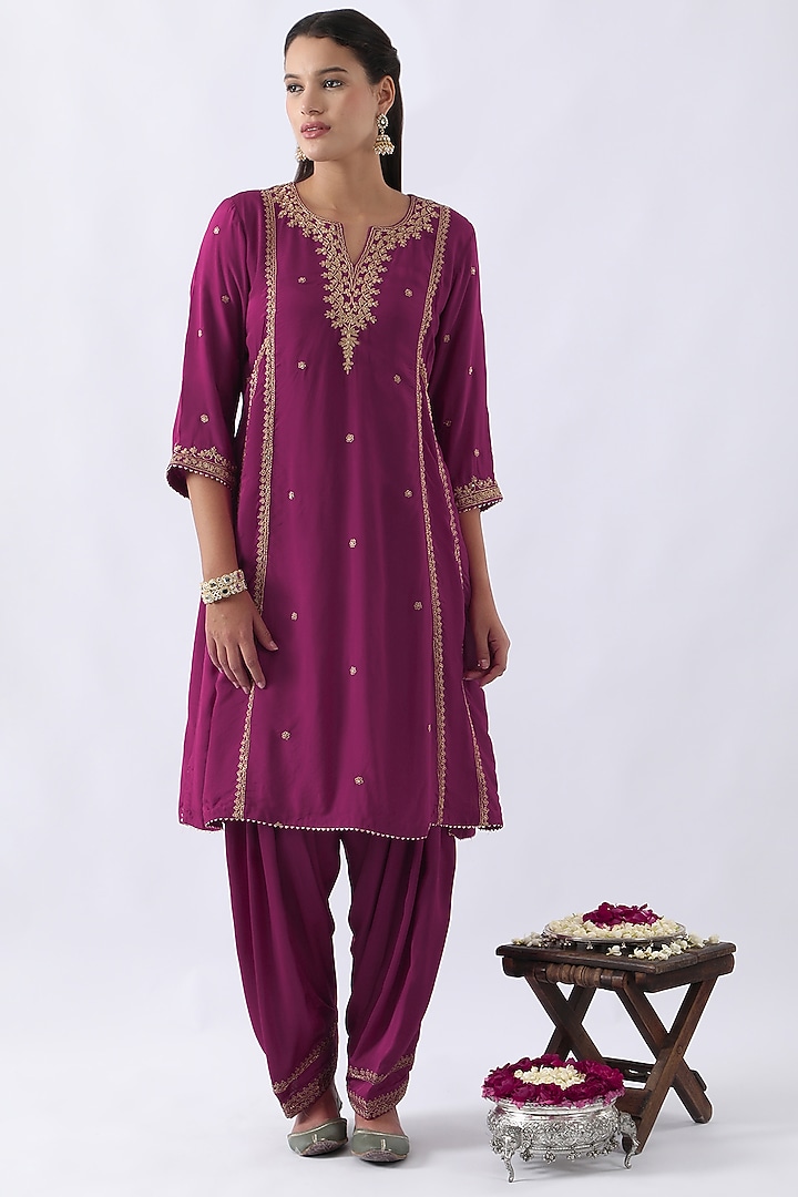 Magenta Pink Habutai Silk Cutdana & Sequins Embroidered A-Line Kurta Set by Nemaani at Pernia's Pop Up Shop