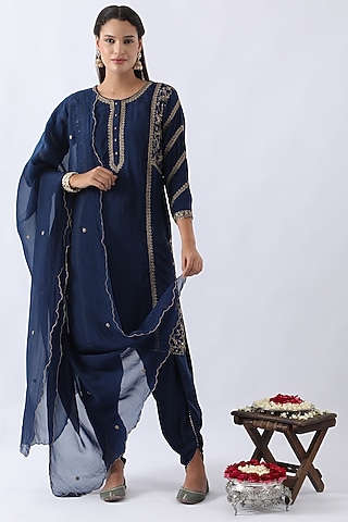 Midnight Blue Habutai Silk Cutdana & Sequins Embroidered Straight Kurta Set by Nemaani