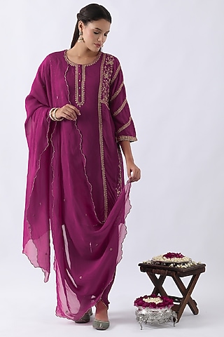 Magenta Pink Habutai Silk Cutdana & Sequins Embroidered Straight Kurta Set by Nemaani