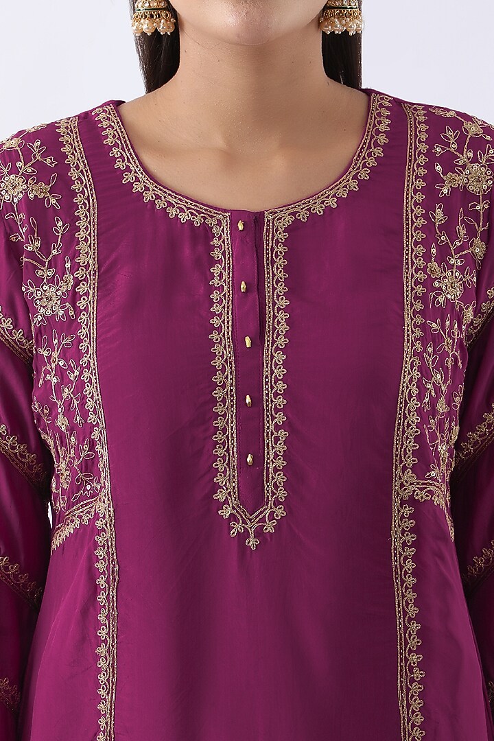 Magenta Pink Habutai Silk Cutdana & Sequins Embroidered Straight Kurta Set by Nemaani at Pernia's Pop Up Shop