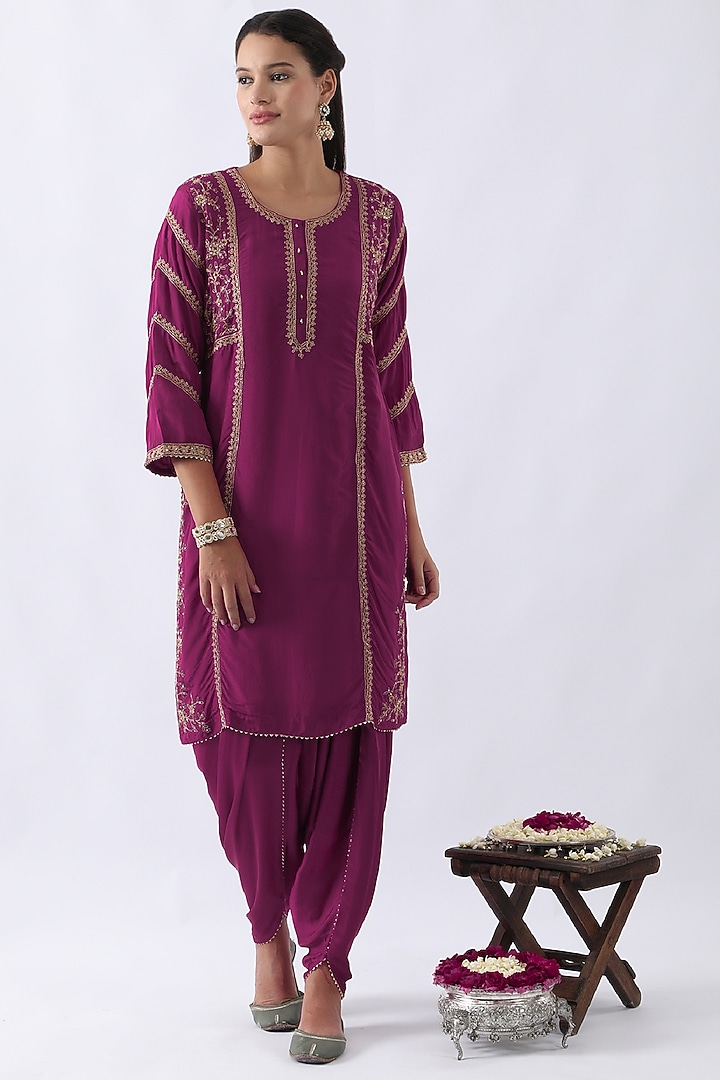 Magenta Pink Habutai Silk Cutdana & Sequins Embroidered Straight Kurta Set by Nemaani at Pernia's Pop Up Shop