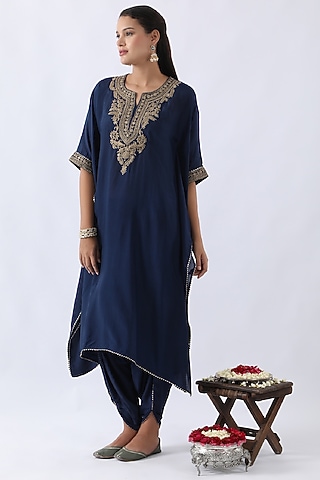 Midnight Blue Habutai Silk Cutdana & Sequins Embroidered Kaftan Set by Nemaani