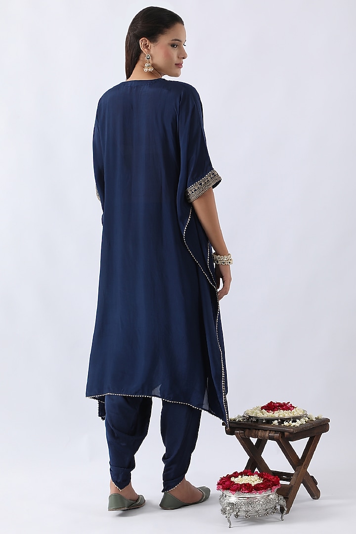 Midnight Blue Habutai Silk Cutdana & Sequins Embroidered Kaftan Set by Nemaani at Pernia's Pop Up Shop