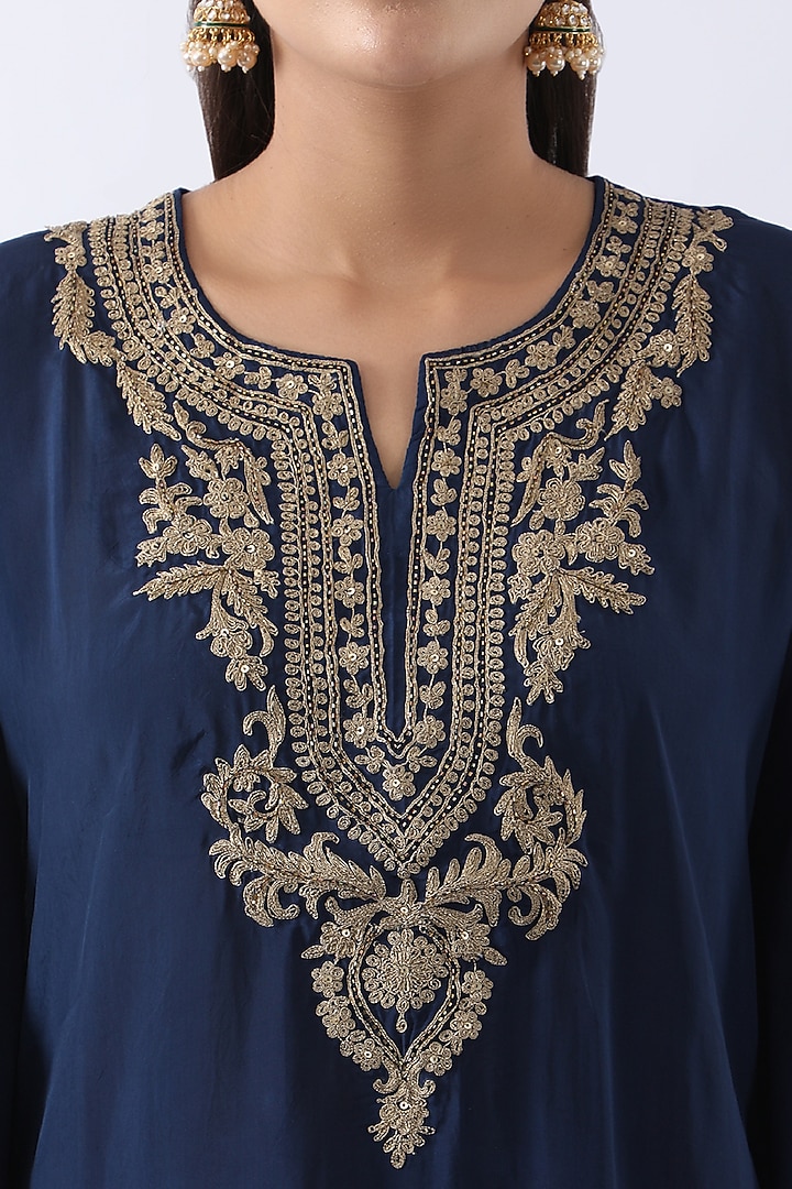 Midnight Blue Habutai Silk Cutdana & Sequins Embroidered Kaftan Set by Nemaani at Pernia's Pop Up Shop