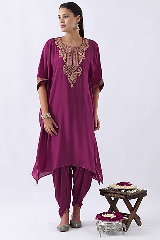 Magenta Pink Habutai Silk Cutdana & Sequins Embroidered Kaftan Set by Nemaani