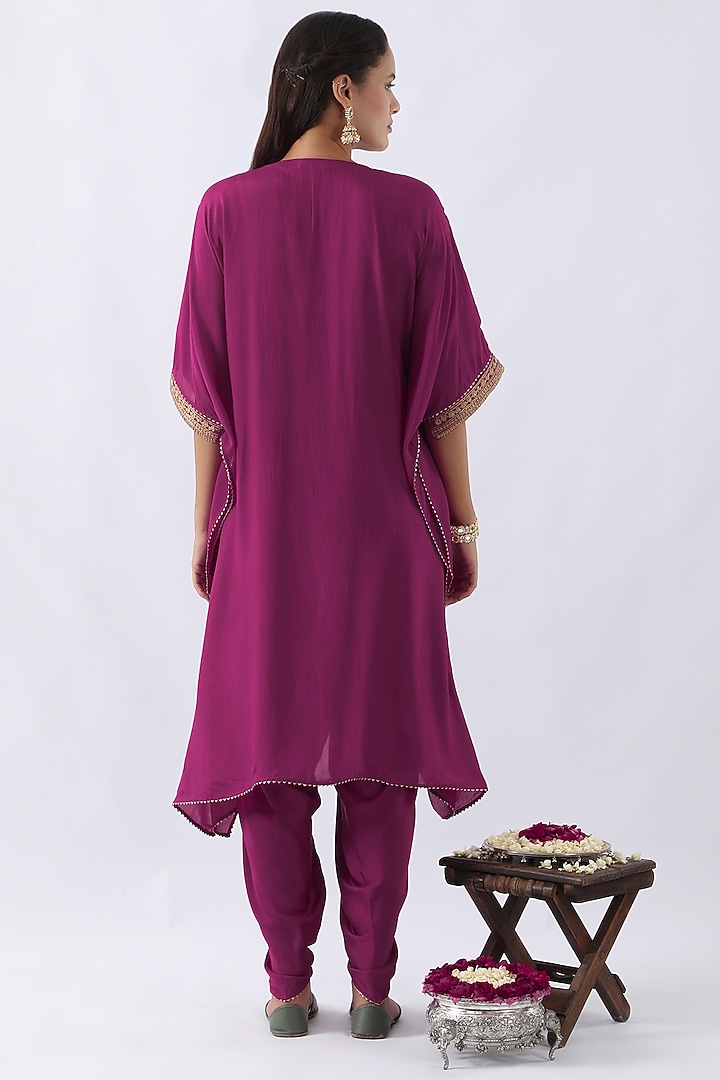 Magenta Pink Habutai Silk Cutdana & Sequins Embroidered Kaftan Set by Nemaani at Pernia's Pop Up Shop