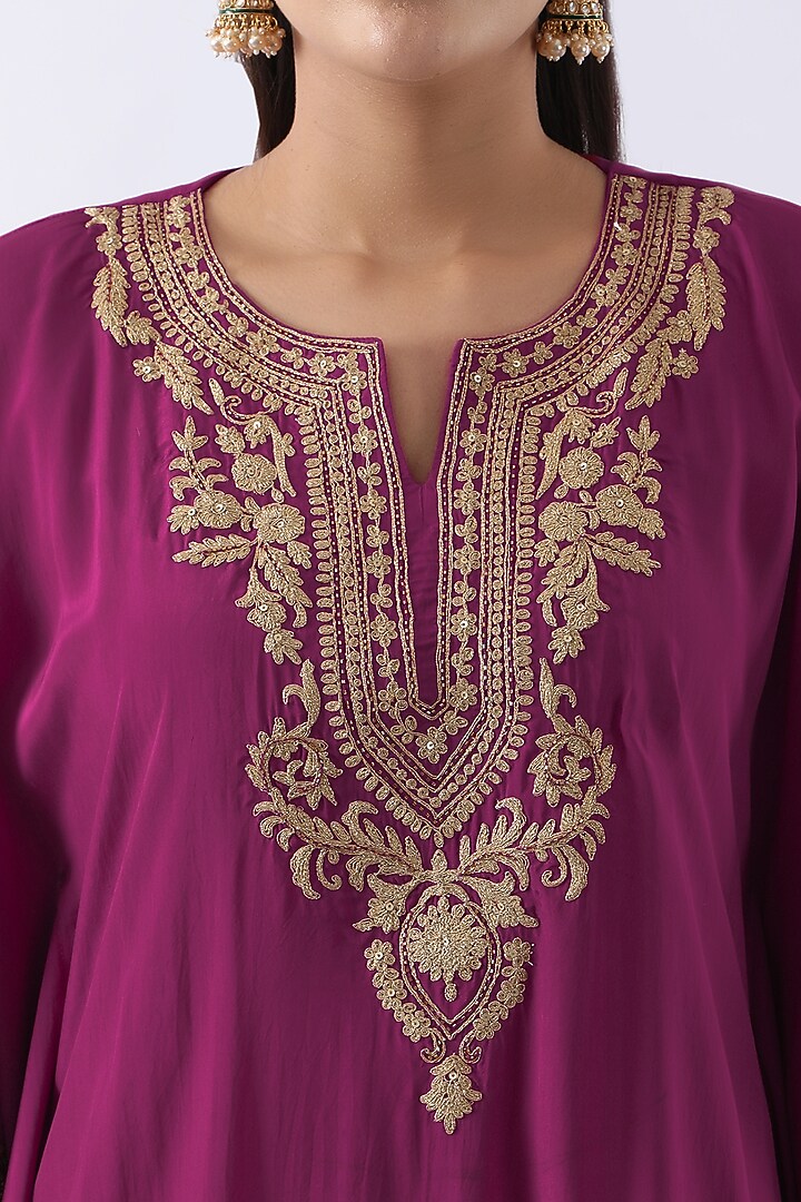 Magenta Pink Habutai Silk Cutdana & Sequins Embroidered Kaftan Set by Nemaani at Pernia's Pop Up Shop