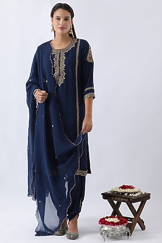 Midnight Blue Habutai Silk Dori & Cutdana Embroidered Straight Kurta Set by Nemaani