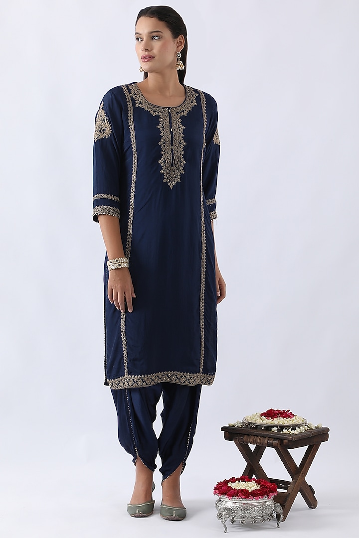 Midnight Blue Habutai Silk Dori & Cutdana Embroidered Straight Kurta Set by Nemaani at Pernia's Pop Up Shop