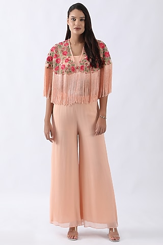 Pink Net Thread & Floral Jaal Embroidered Fringed Cape Set by Nemaani