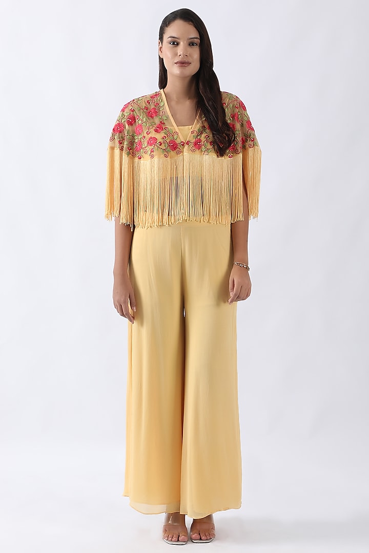 Yellow Net Thread & Floral Jaal Embroidered Fringed Cape Set by Nemaani