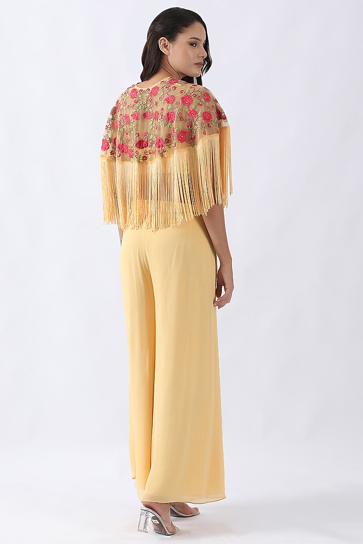 Yellow Net Thread & Floral Jaal Embroidered Fringed Cape Set by Nemaani at Pernia's Pop Up Shop