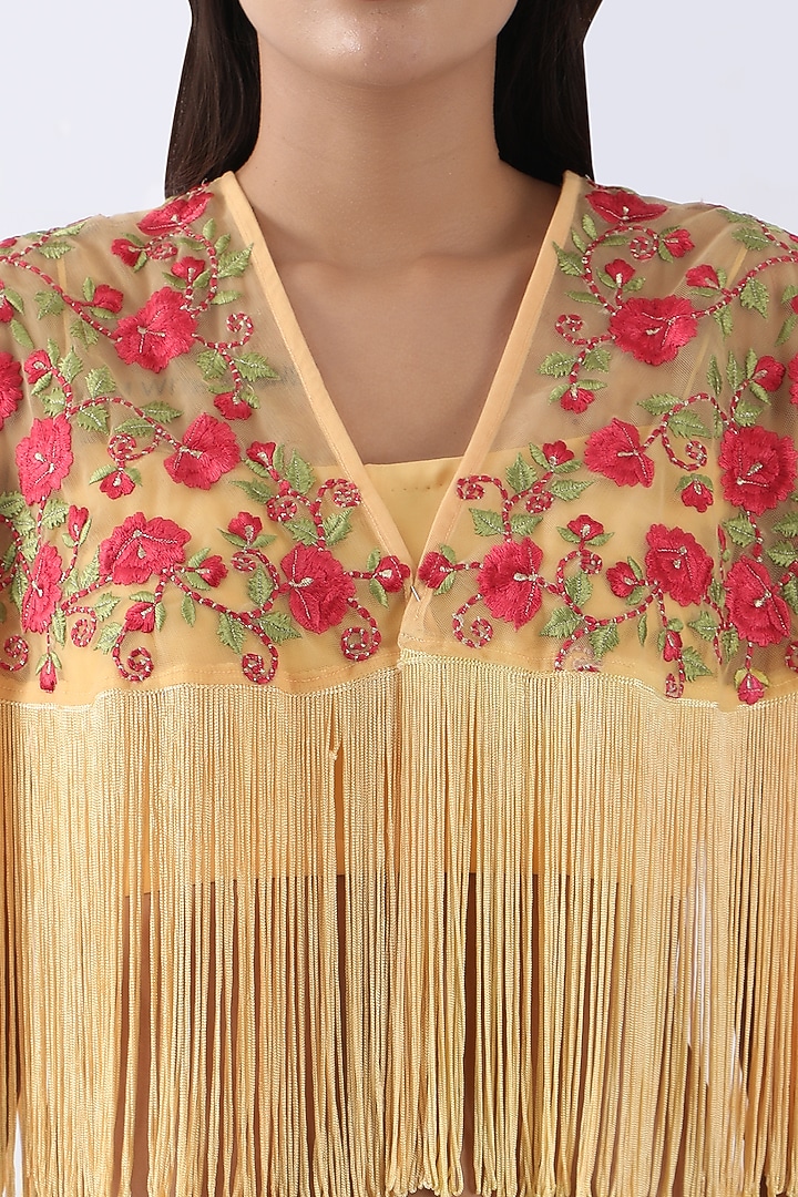 Yellow Net Thread & Floral Jaal Embroidered Fringed Cape Set by Nemaani at Pernia's Pop Up Shop