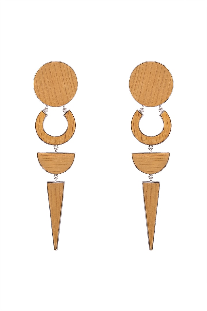 White Finish Handcrafted Wood Geometric Long Earrings by NETI NETI Jewellery