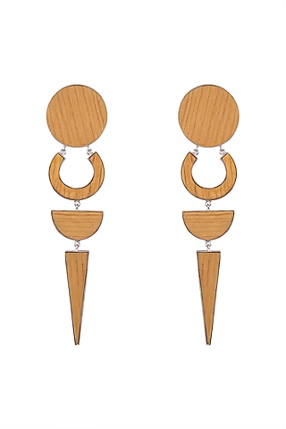 White Finish Handcrafted Wood Geometric Long Earrings by NETI NETI Jewellery