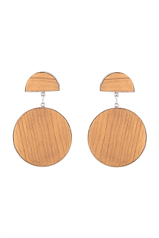 White Finish Handcrafted Brown Wood & Metal Earrings by NETI NETI Jewellery