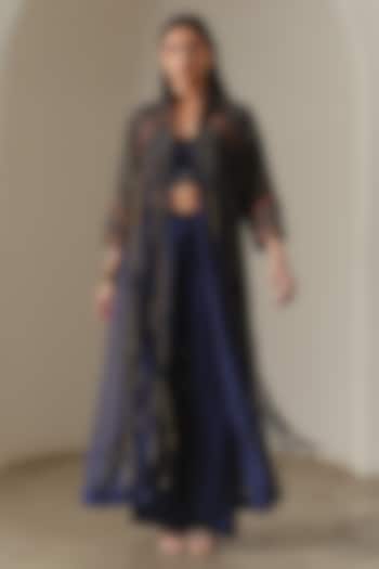 Indigo & Copper Silk Organza Applique Embroidered Jacket by Neither Nor at Pernia's Pop Up Shop