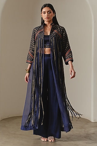Indigo & Copper Silk Organza Applique Embroidered Jacket by Neither Nor