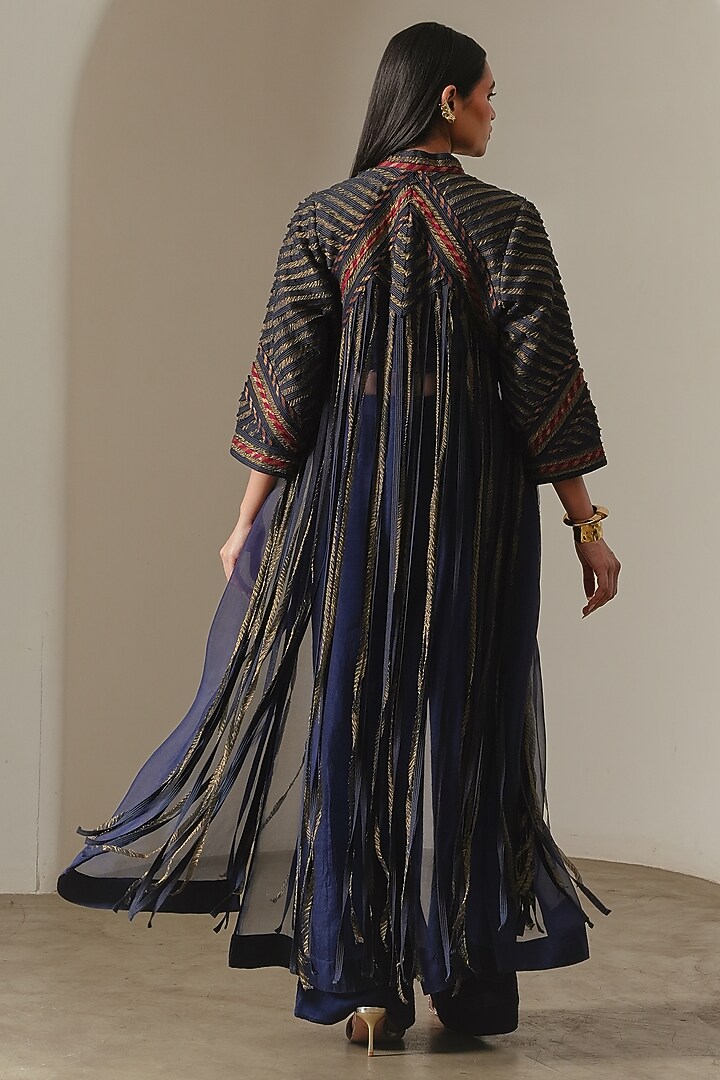 Indigo & Copper Silk Organza Applique Embroidered Jacket by Neither Nor at Pernia's Pop Up Shop