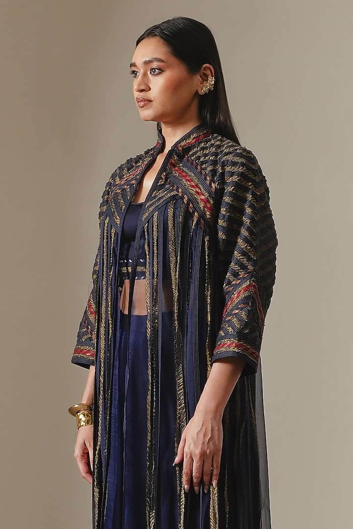 Indigo & Copper Silk Organza Applique Embroidered Jacket by Neither Nor at Pernia's Pop Up Shop
