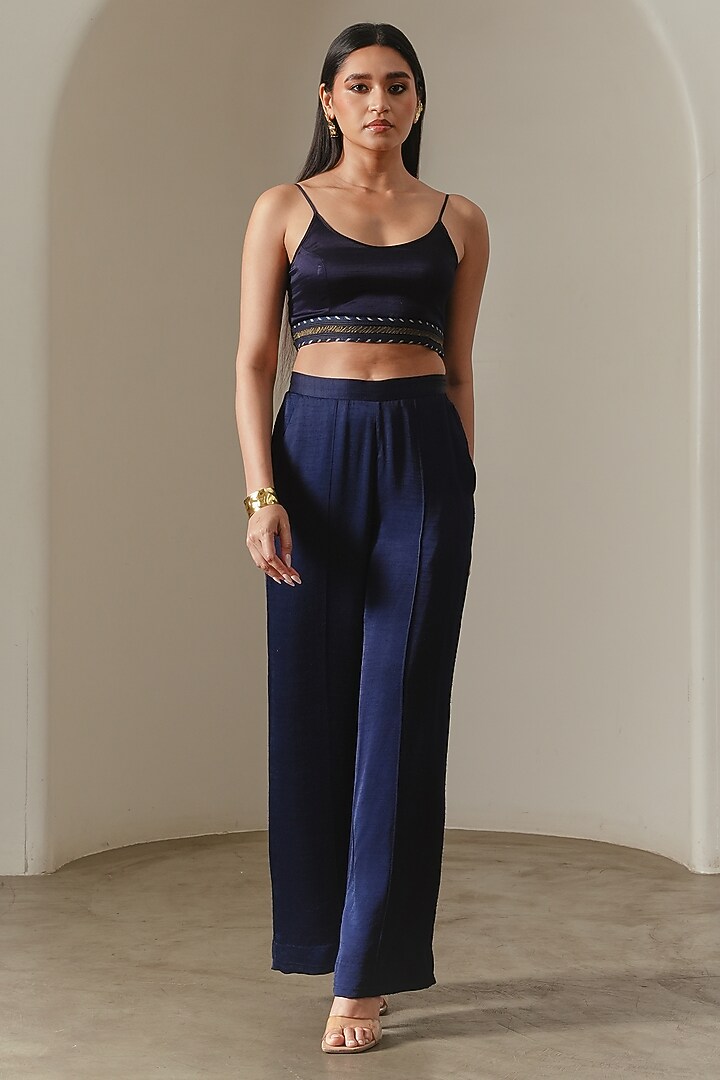 Indigo Viscose Satin Wide-Legged Trousers by Neither Nor at Pernia's Pop Up Shop