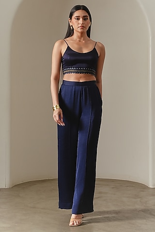 Indigo Viscose Satin Wide-Legged Trousers by Neither Nor