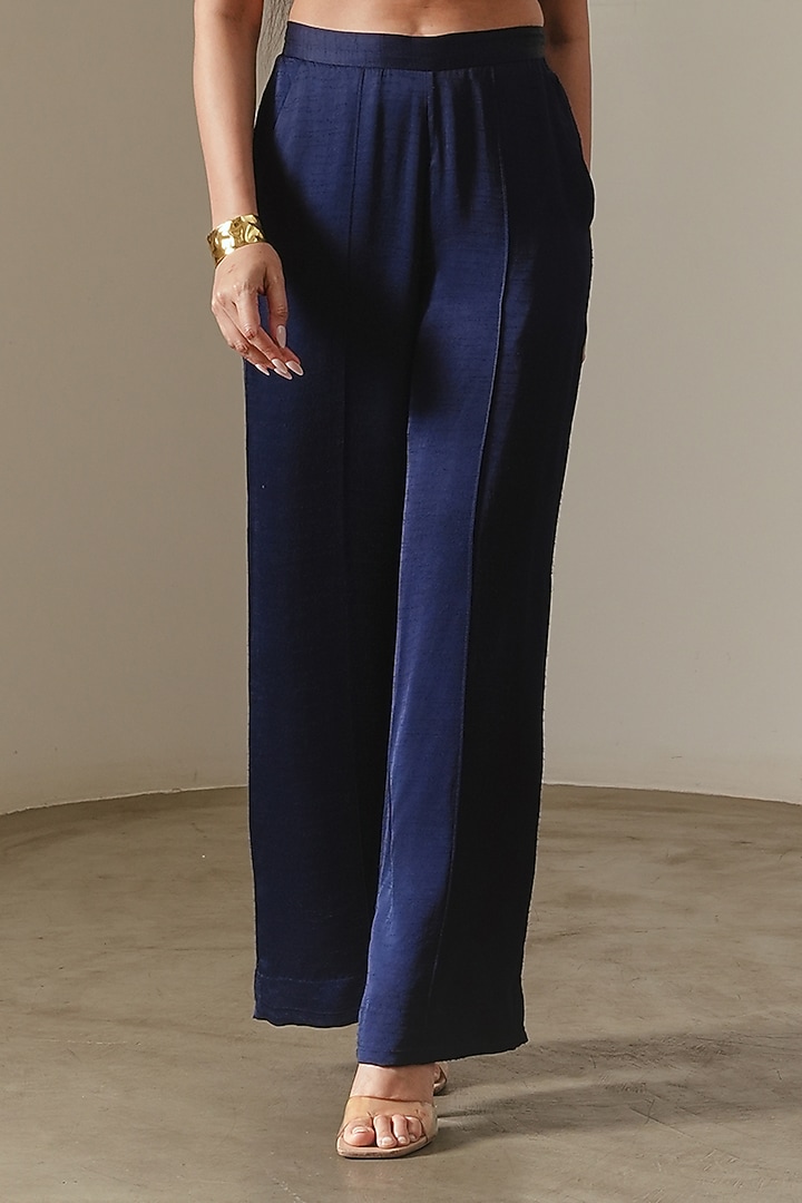 Indigo Viscose Satin Wide-Legged Trousers by Neither Nor at Pernia's Pop Up Shop