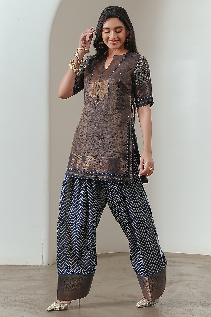 Indigo & Copper Viscose Silk Printed Farshi Salwar by Neither Nor at Pernia's Pop Up Shop