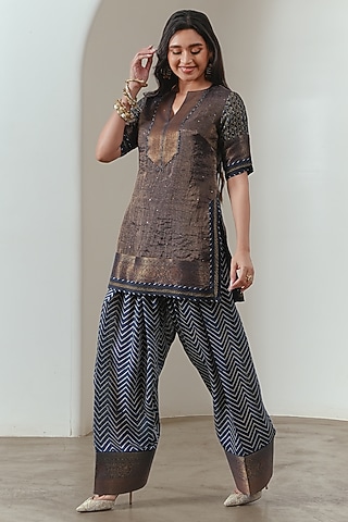 Indigo & Copper Viscose Silk Printed Farshi Salwar by Neither Nor