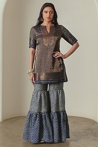 Indigo Viscose Silk Printed Sharara by Neither Nor