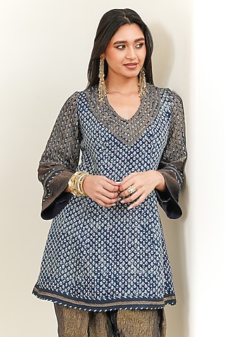 Indigo Viscose Silk Printed Kurta by Neither Nor