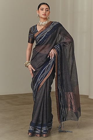 Indigo Cotton Silk Embroidered Saree by Neither Nor
