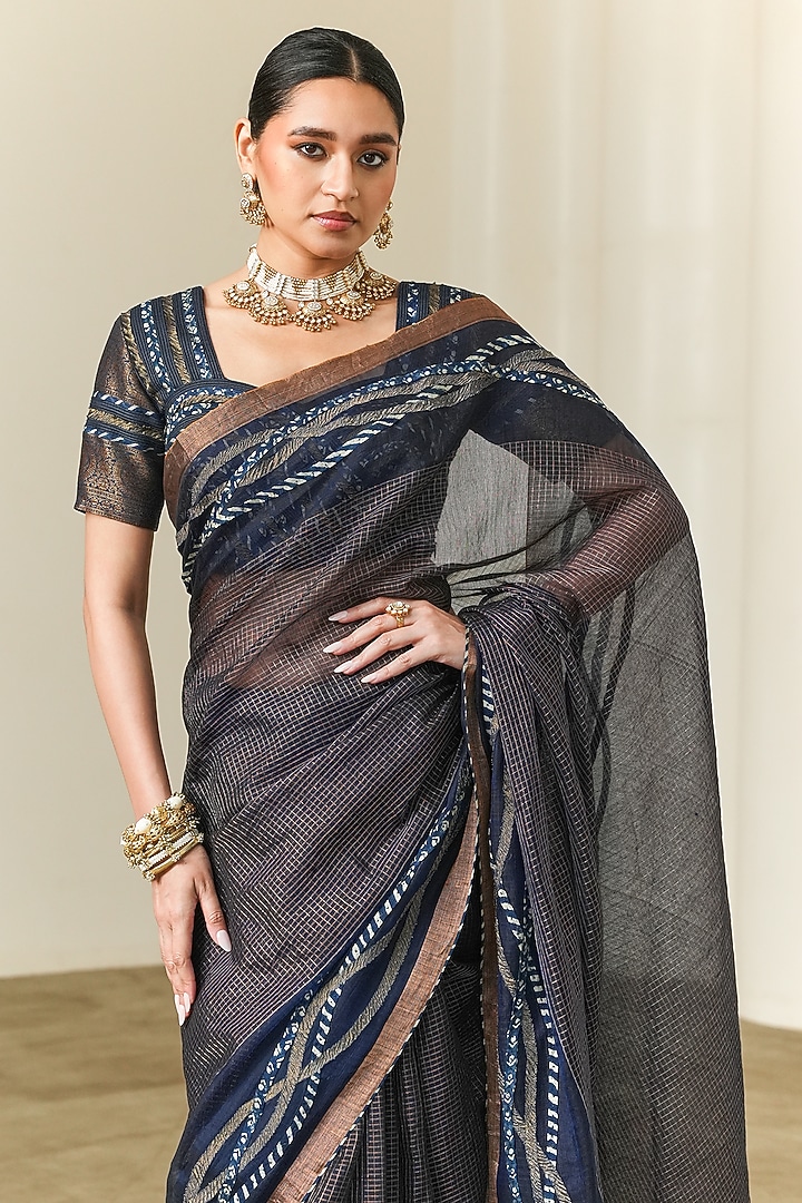 Indigo Cotton Silk Embroidered Wedding Saree by Neither Nor at Pernia's Pop Up Shop