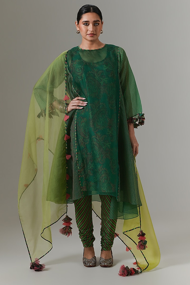 Green Tambourine Organza Kalidar Kurta Set by Neither Nor at Pernia's Pop Up Shop