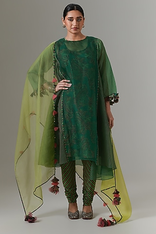 Green Tambourine Organza Kalidar Kurta Set by Neither Nor