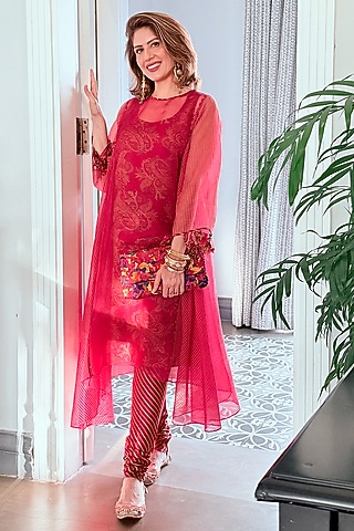 Raspberry Sorbet Organza Kalidar Kurta Set by Neither Nor